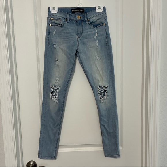 Express Denim - Express Blue Skinny Legging Mid Rise Distressed Jeans Womens 2R